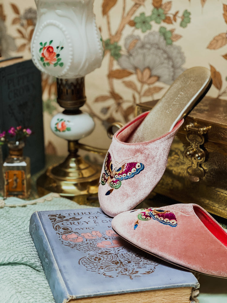 Embroidered butterfly in dusty pink mules slippers chinoiserie inspired