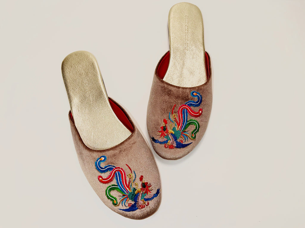 embroidered phoenix velvet mules in taupe color
