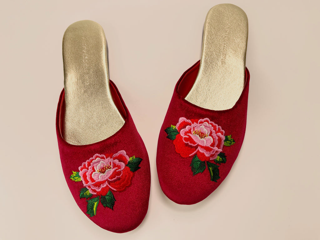 embroidered peony flower velvet mules in red wine color