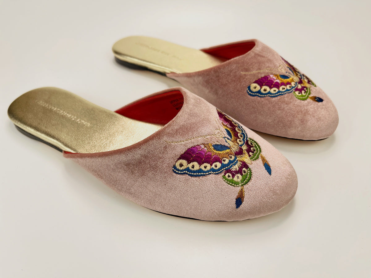 Embroidered butterfly in dusty pink velvet mules slippers