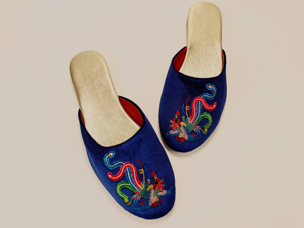 embroidered phoenix velvet mules in royal blue
