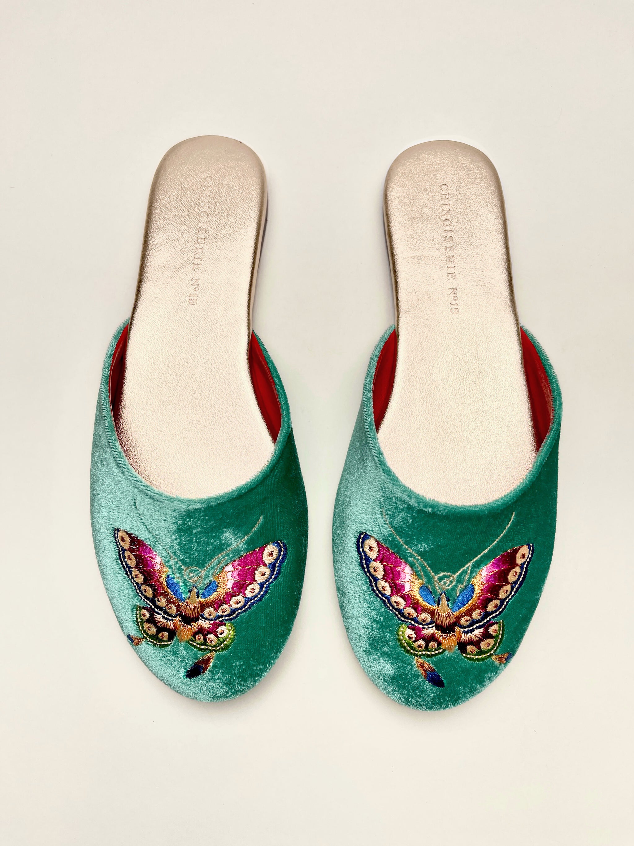 Butterfly Embroidered Velvet Mules Slippers in Jade – Chinoiserie
