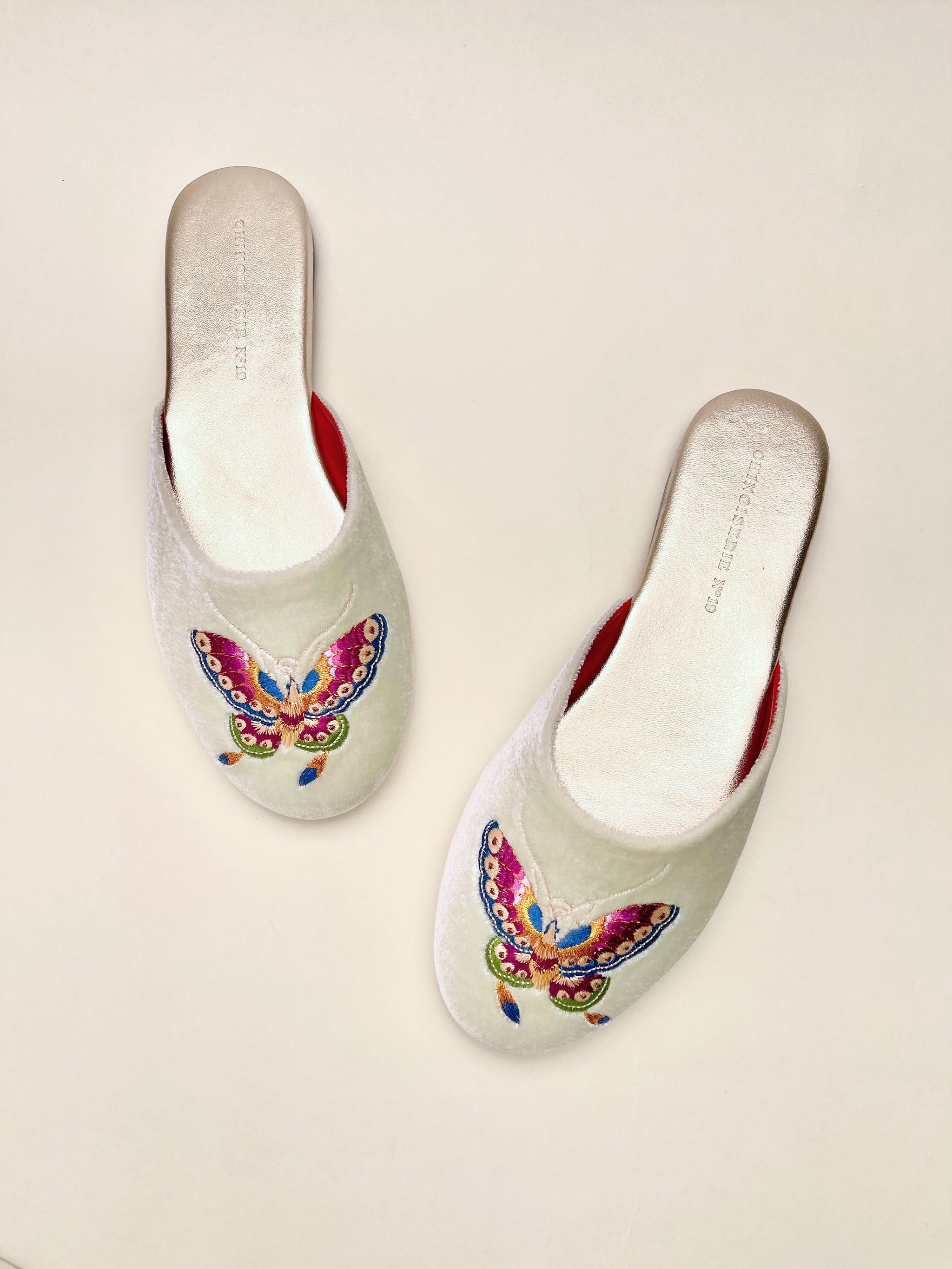 Butterfly Embroidered Velvet Mules Slippers in Chiffon Mint