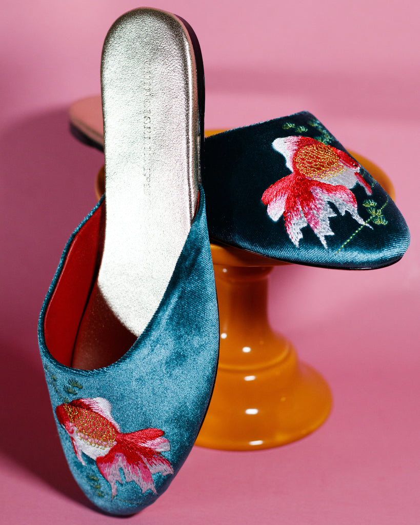 Embroidered goldfish velvet mules slippers  in teal chinoiserie inspired