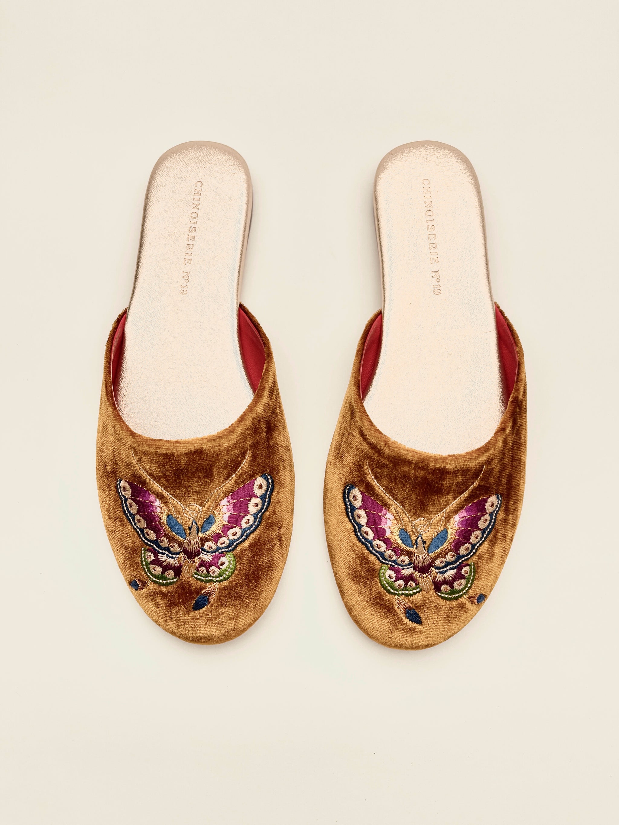 Butterfly Embroidered Velvet Mules Slippers in Antique Gold