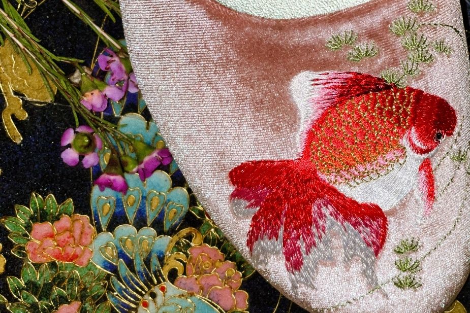 Embroidered goldfish velvet mules slippers chinoiserie inspired