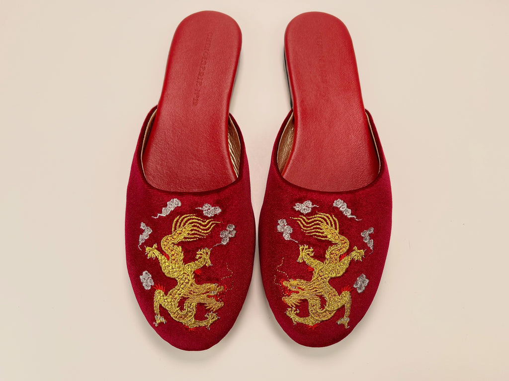 embroidered dragon velvet mules in red wine color