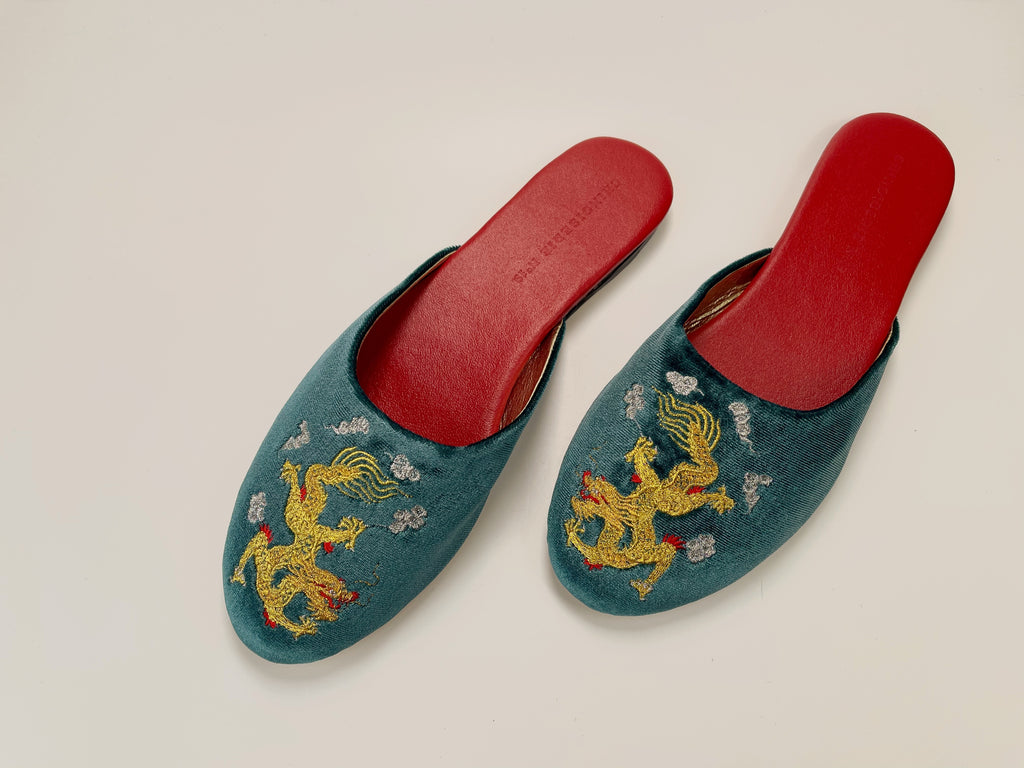 embroidered dragon velvet mules in teal color