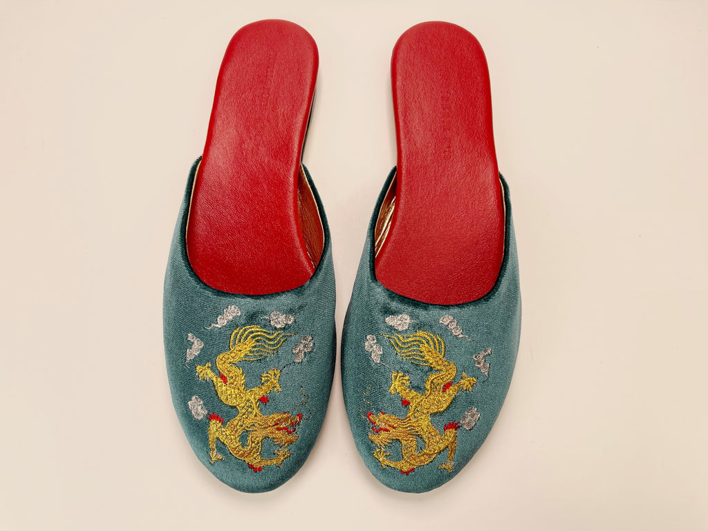 embroidered dragon velvet mules in teal color