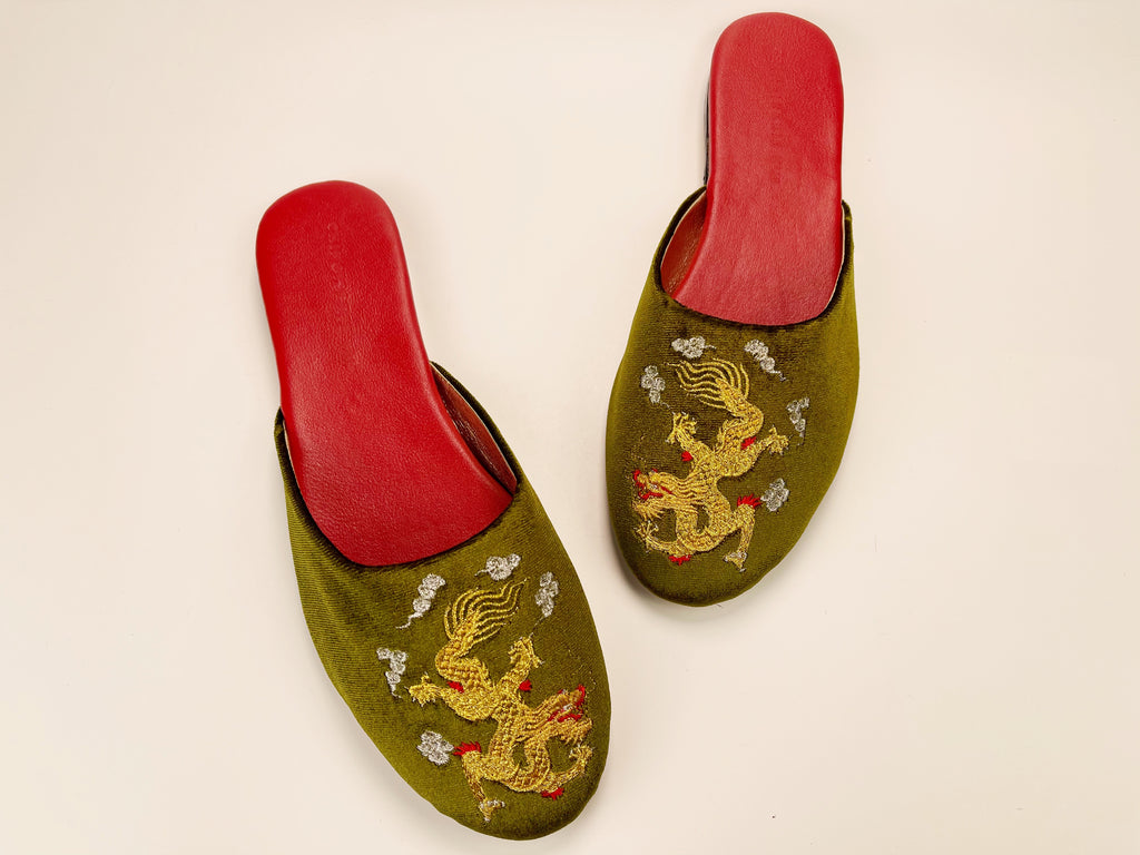 embroidered dragon velvet mules in olive color