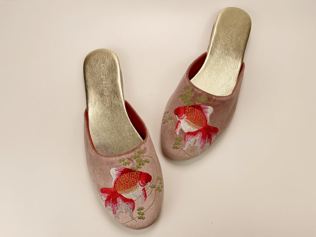 embroidered goldfish velvet mules in dusty pink color