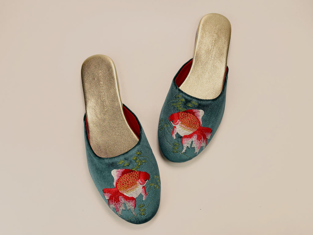 embroidered goldfish velvet mules in teal color