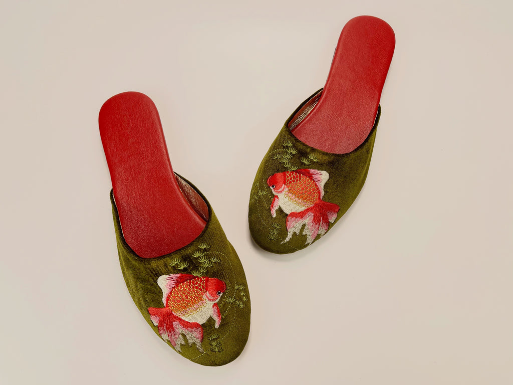 embroidered goldfish velvet mules in olive color
