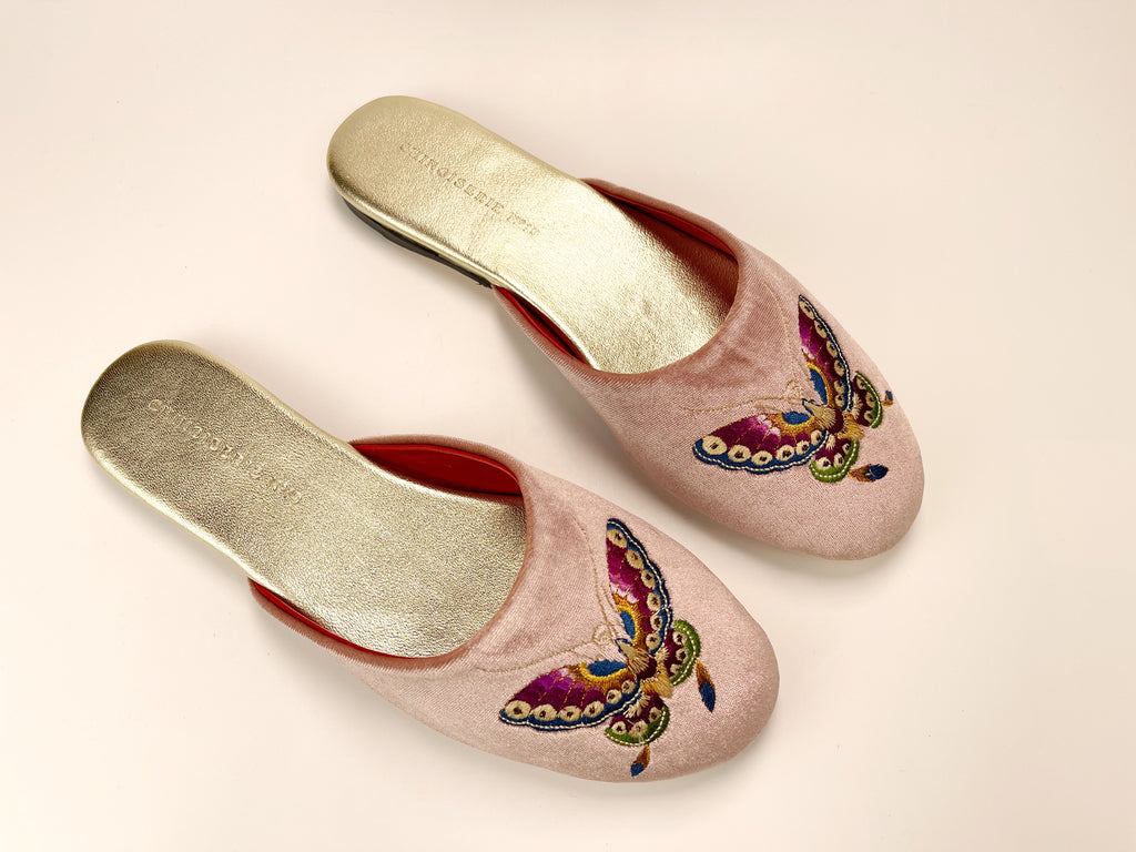 dusty rose embroidered butterfly velvet mules