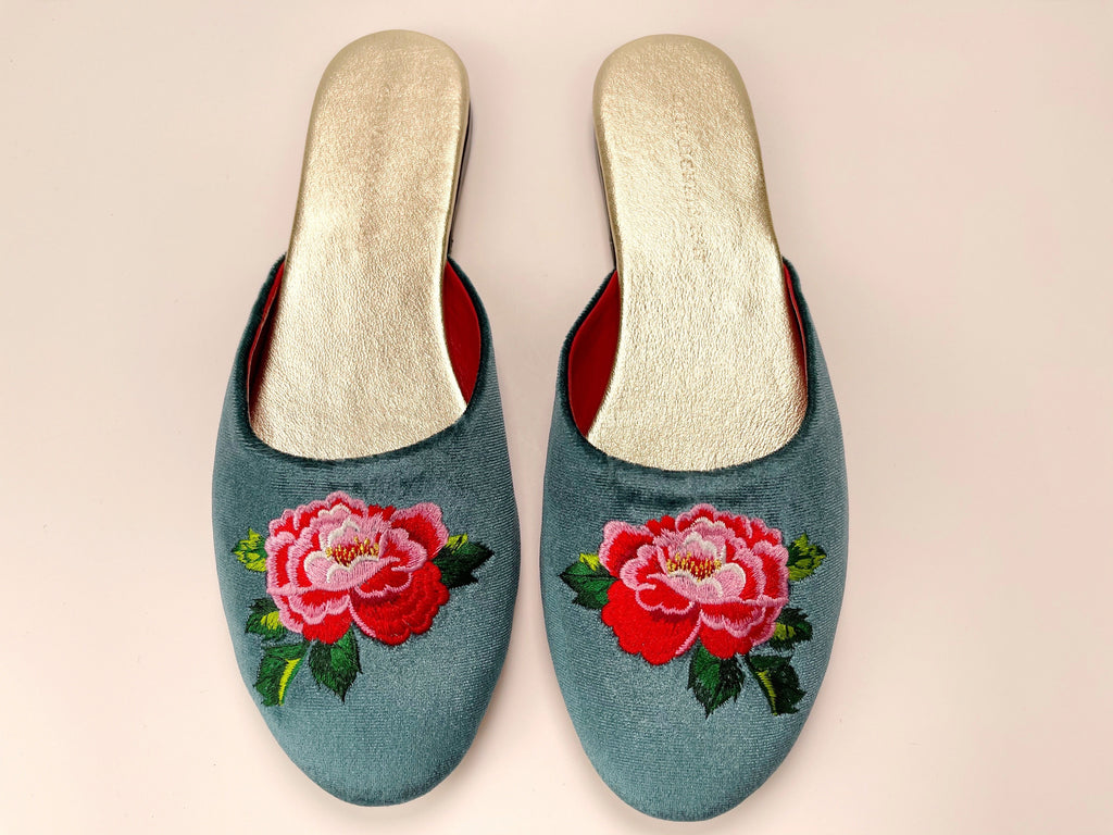 embroidered peony flower velvet mules in teal color