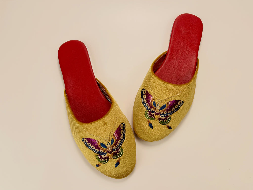 embroidered butterfly velvet mules in gold color