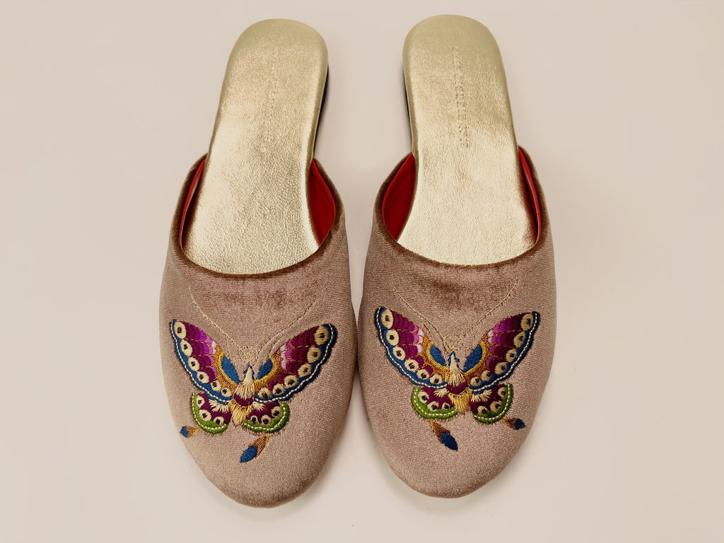 embroidered butterfly velvet mules in taupe color