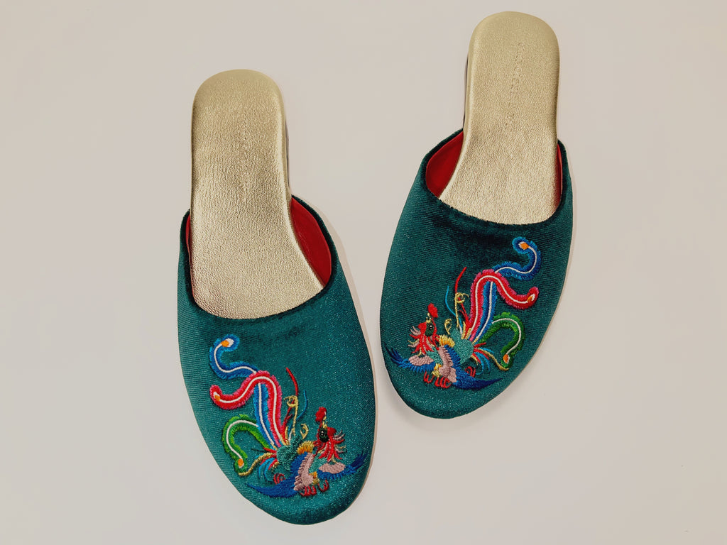 embroidered phoenix velvet mules in peacock green color