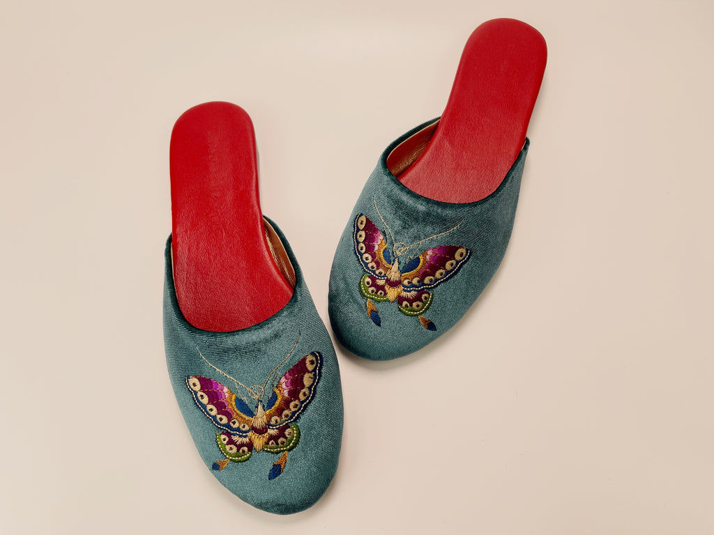 embroidered butterfly velvet mules in teal color