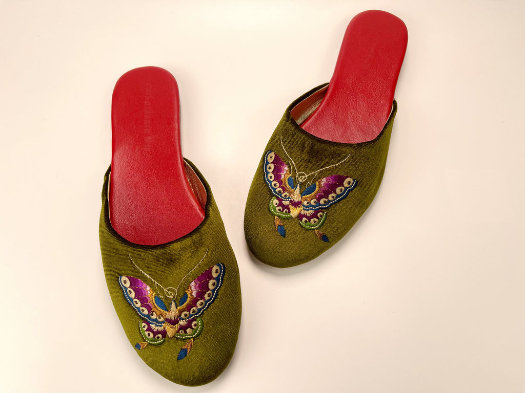 embroidered butterfly velvet mules in Olive color